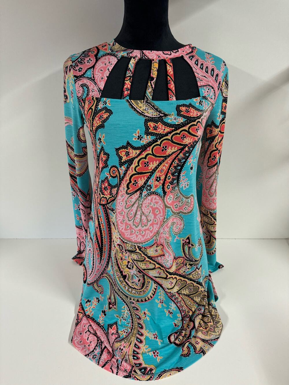 Fashion Queen Boho XS Paisley Shift Dress Long Sleeve Teal Pink Hippy